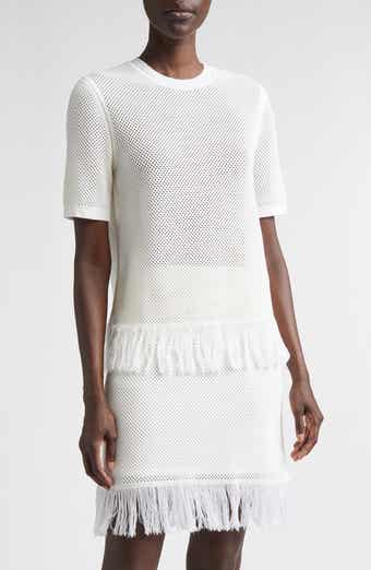 Open Knit Fringe Short Sleeve Virgin Wool Sweater