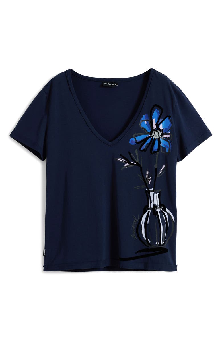 Desigual Floral V-Neck Cotton Graphic T-Shirt, Alternate, color, Dark Blue