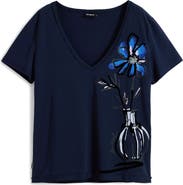Desigual Floral V-Neck Cotton Graphic T-Shirt