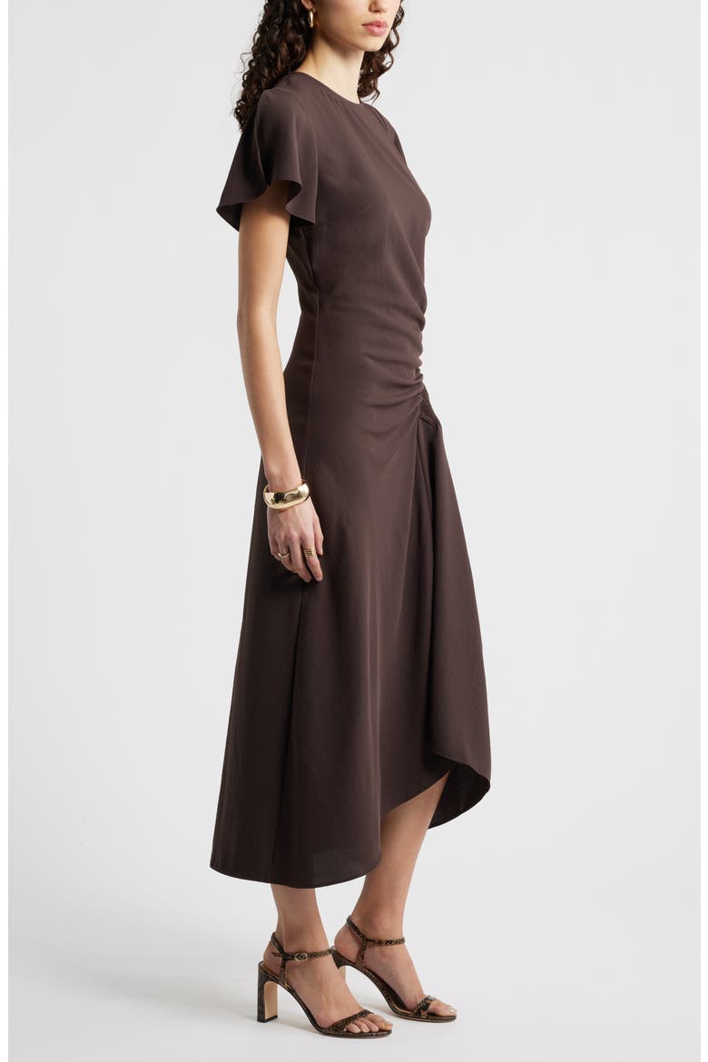 Split Sleeve Side Smocked Midi Dress, Alternate, color, BROWN COFFEE