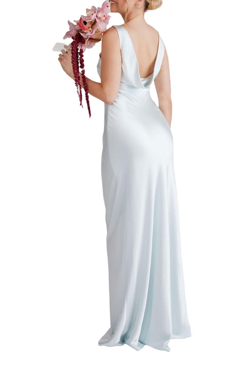 Cowl Back Satin Bridesmaid Dress, Alternate, color, Ice Blue