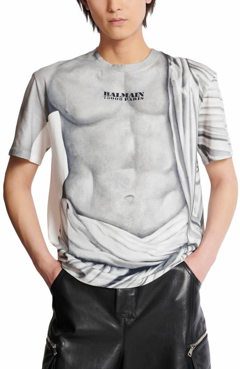 Balmain Logo T-Shirt With Statue Print, Alternate, color, Grey