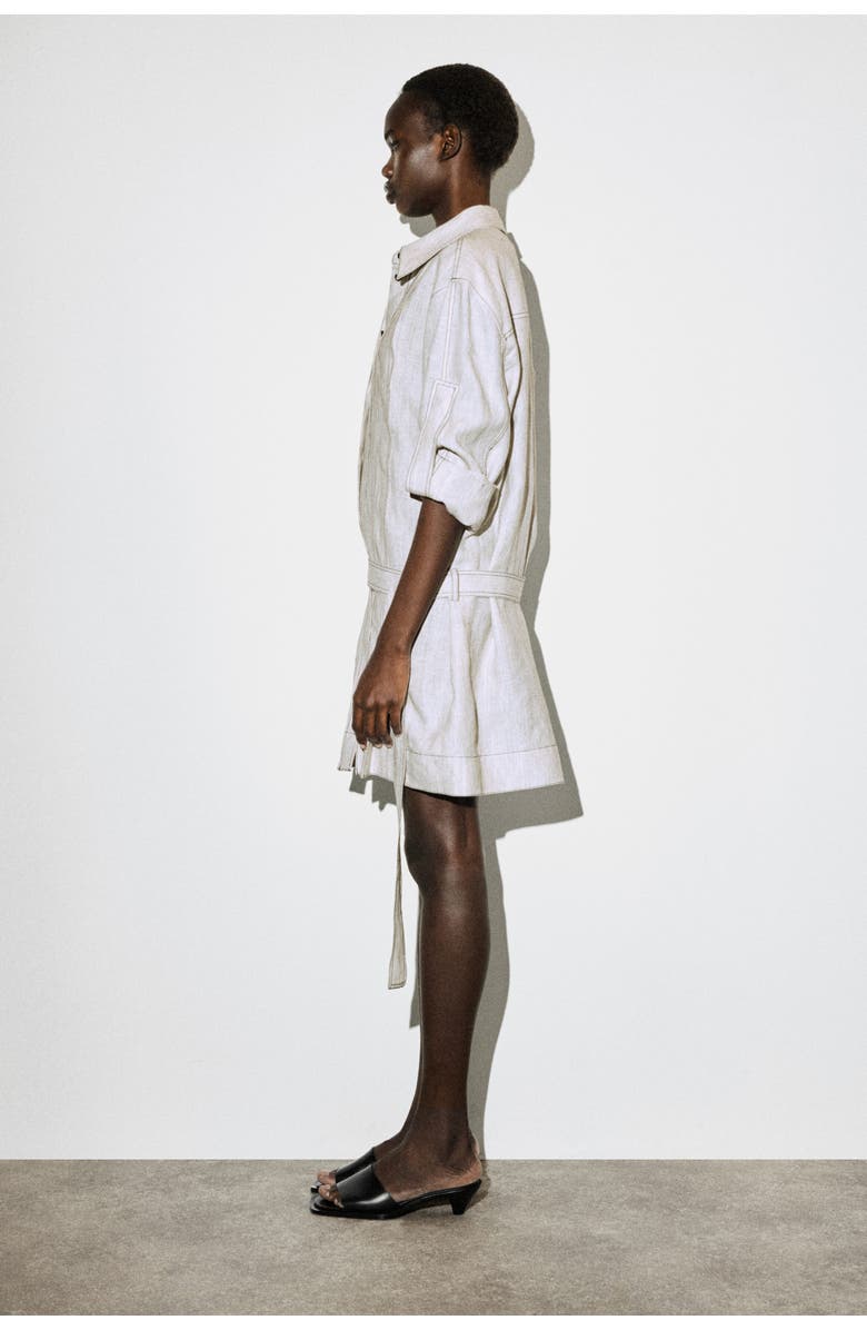 COS Belted Pleated Linen Mini Shirt Dress, Alternate, color, Light Gray