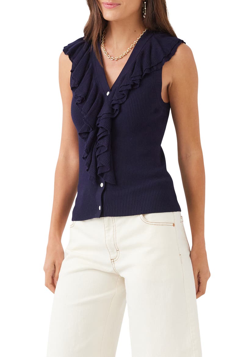 Ruffle Detail Rib Sleeveless Sweater, Alternate, color, NAVY