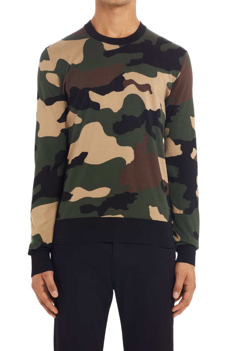 Dolce&Gabbana Intarsia Camouflage Silk Crewneck Sweater, Main, color, 