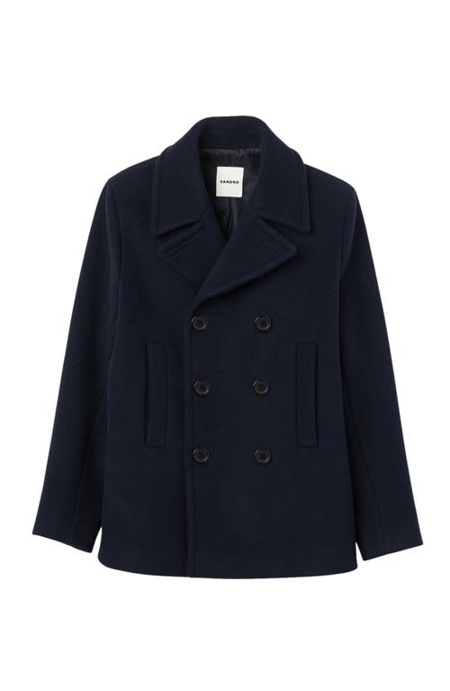 Sandro Wool Pea Coat In Navy Blue