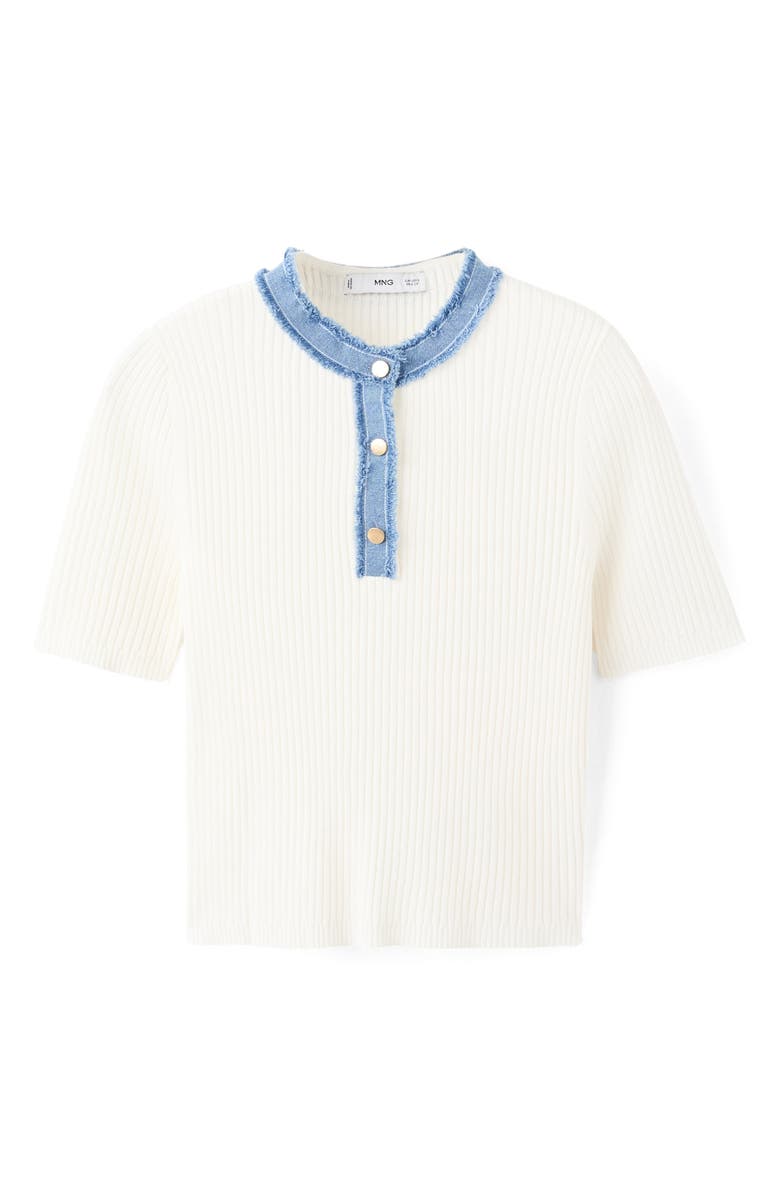 MANGO Contrast Collar Half Button Short Sleeve Sweater, Alternate, color, Off White
