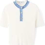 MANGO Contrast Collar Half Button Short Sleeve Sweater