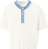 MANGO Contrast Collar Half Button Short Sleeve Sweater