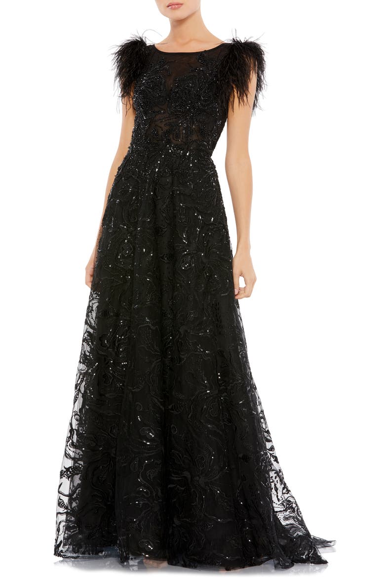 Women's Embellished Feather Cap Sleeve Bateau A Line Gown, Main, color, BLACK