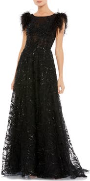 Mac Duggal Women's Embellished Feather Cap Sleeve Bateau A Line Gown