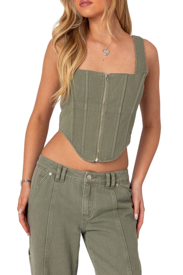 Lottie Washed Denim Crop Corset Top, Main, color, OLIVE
