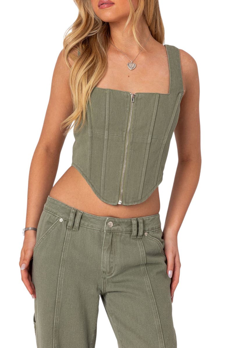 EDIKTED Lottie Washed Denim Crop Corset Top, Main, color, Olive