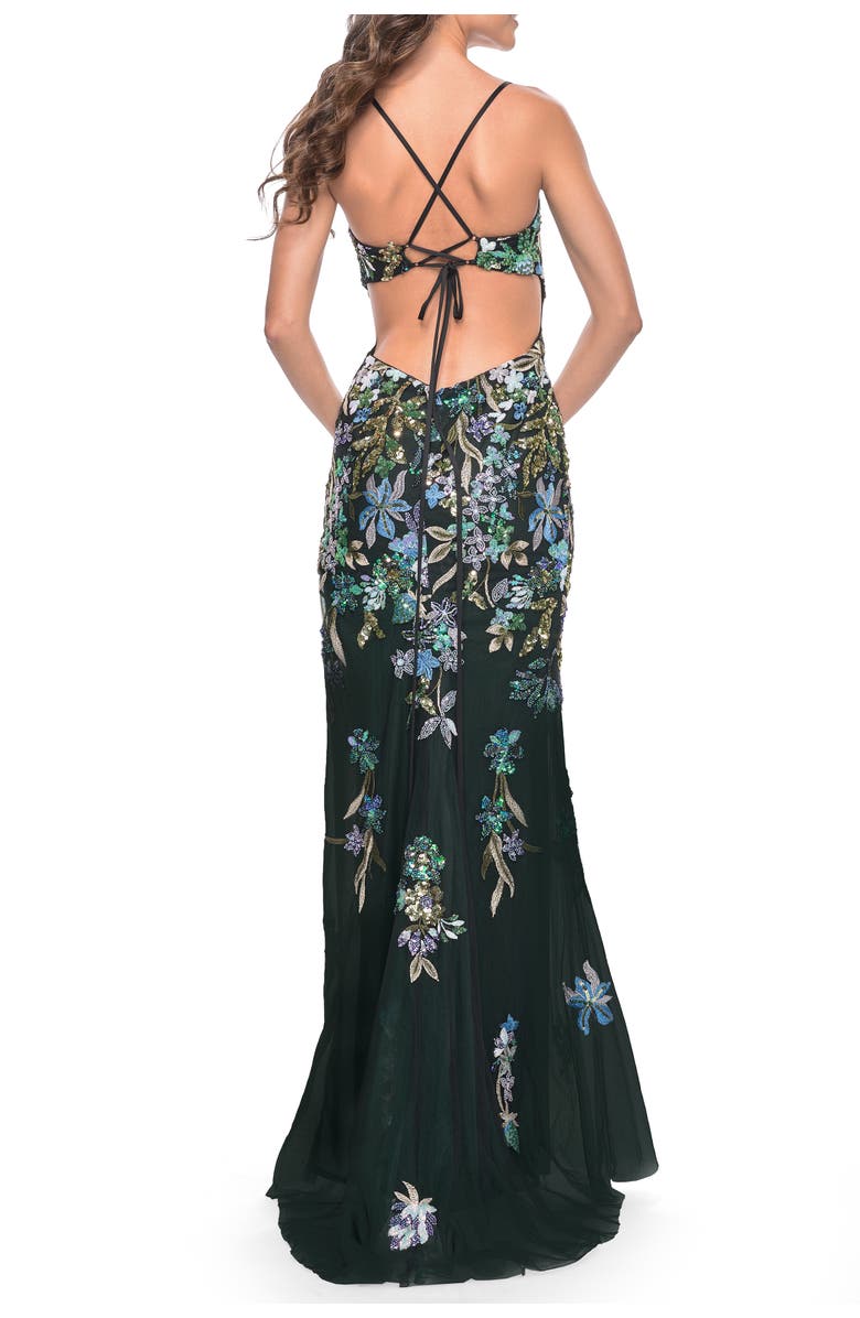 La Femme Floral Embroidered and Sequin Print Gown with Lace Up Back, Alternate, color, Black