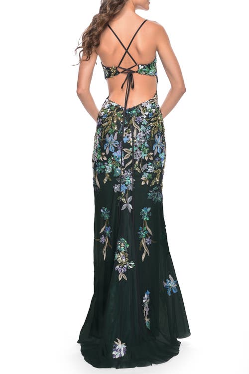 La Femme Floral Embroidered And Sequin Print Gown With Lace Up Back