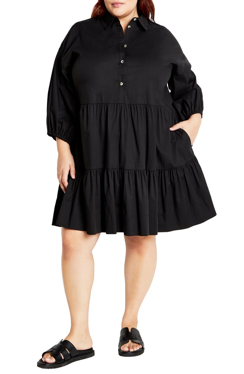 City Chic Vanessa Tiered Shirtdress, Main, color, Black
