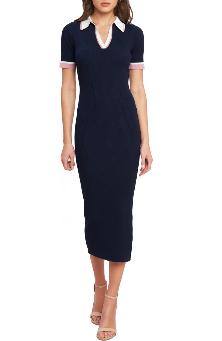 FLYING TOMATO Johnny Collar Sweater Midi Dress, Main, color, Navy