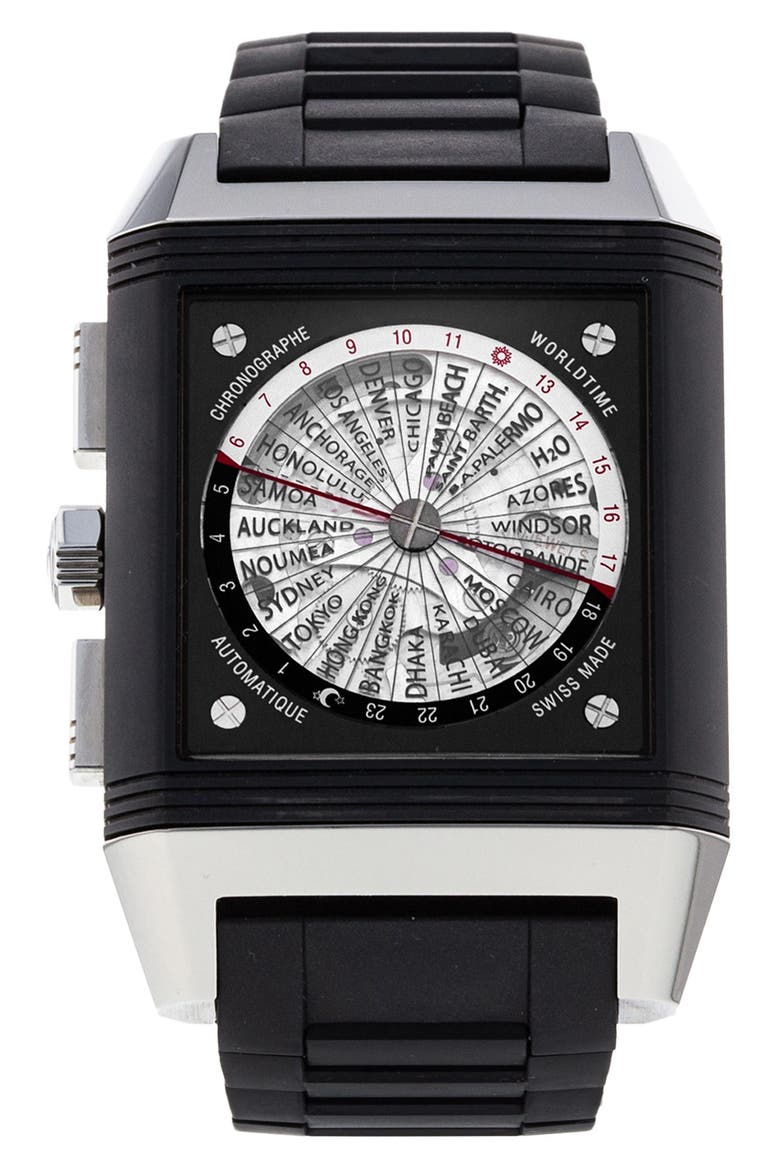 Jaeger-LeCoultre Preowned Reverso Squadra World Time Rubber Strap Chronograph Watch, 35mm, Alternate, color, BLACK