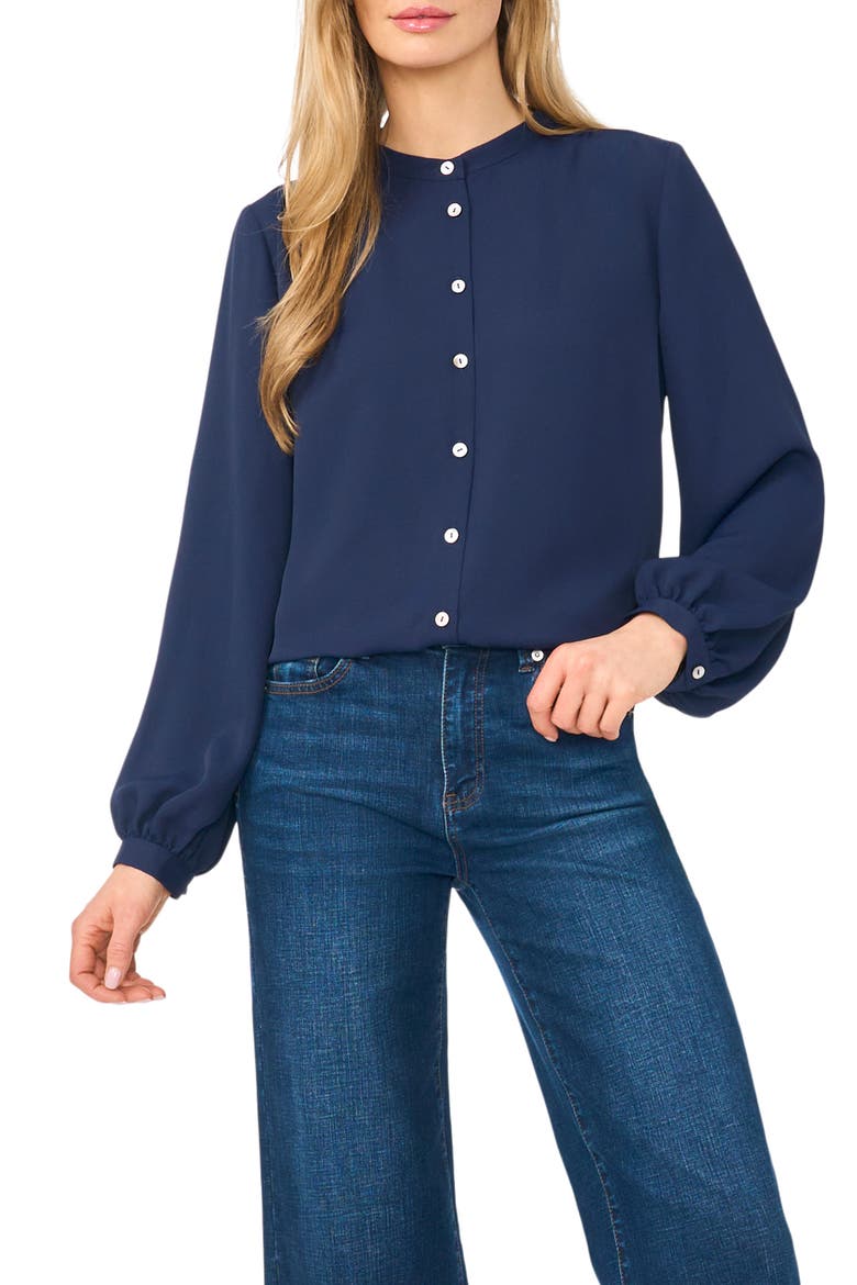 Shirred Mock Neck Button-Up Shirt, Main, color, CLASSIC NAVY
