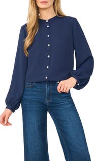 Halogen® Shirred Mock Neck Button-Up Shirt