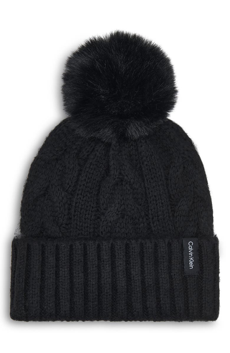 Calvin Klein Faux Fur Pompom Beanie, Main, color, Black