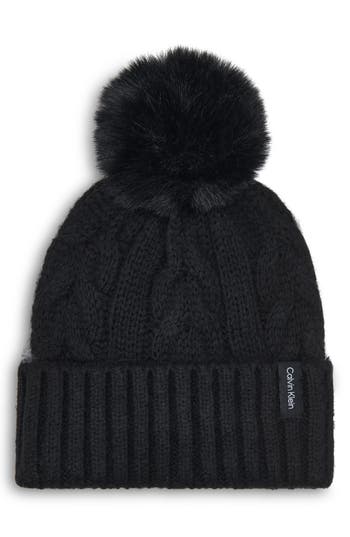 Calvin Klein Faux Fur Pompom Beanie In Black