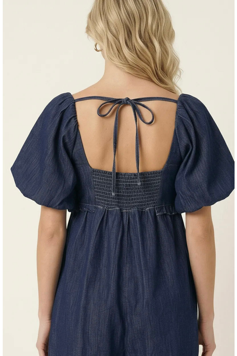 Puff-Sleeve Romper with Tie Front, Alternate, color, Dark Blue