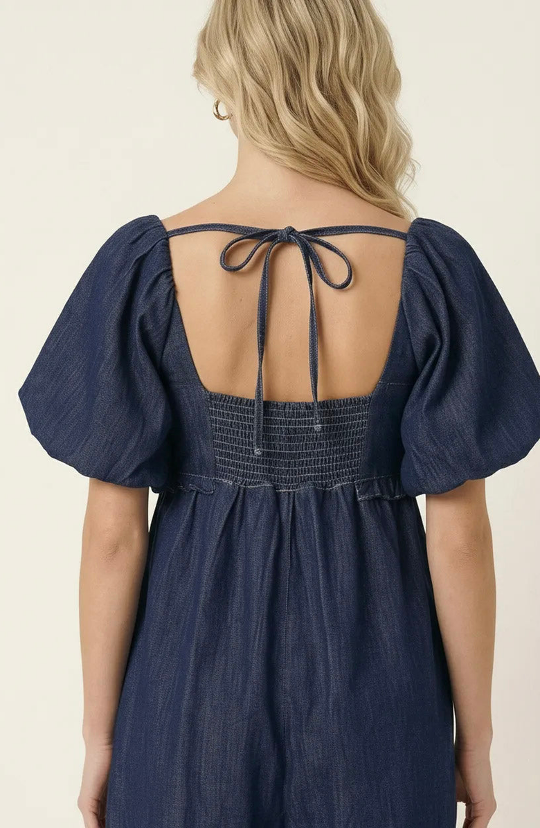Modenaire Puff-Sleeve Romper with Tie Front, Alternate, color, Dark Blue