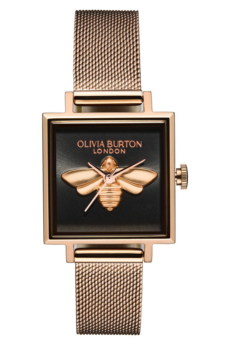 Square Lucky Bee Mesh Strap Watch, 23mm, Main, color, GREY