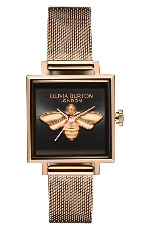 Square Lucky Bee Mesh Strap Watch, 23mm