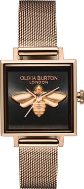 Olivia Burton Square Lucky Bee Mesh Strap Watch, 23mm