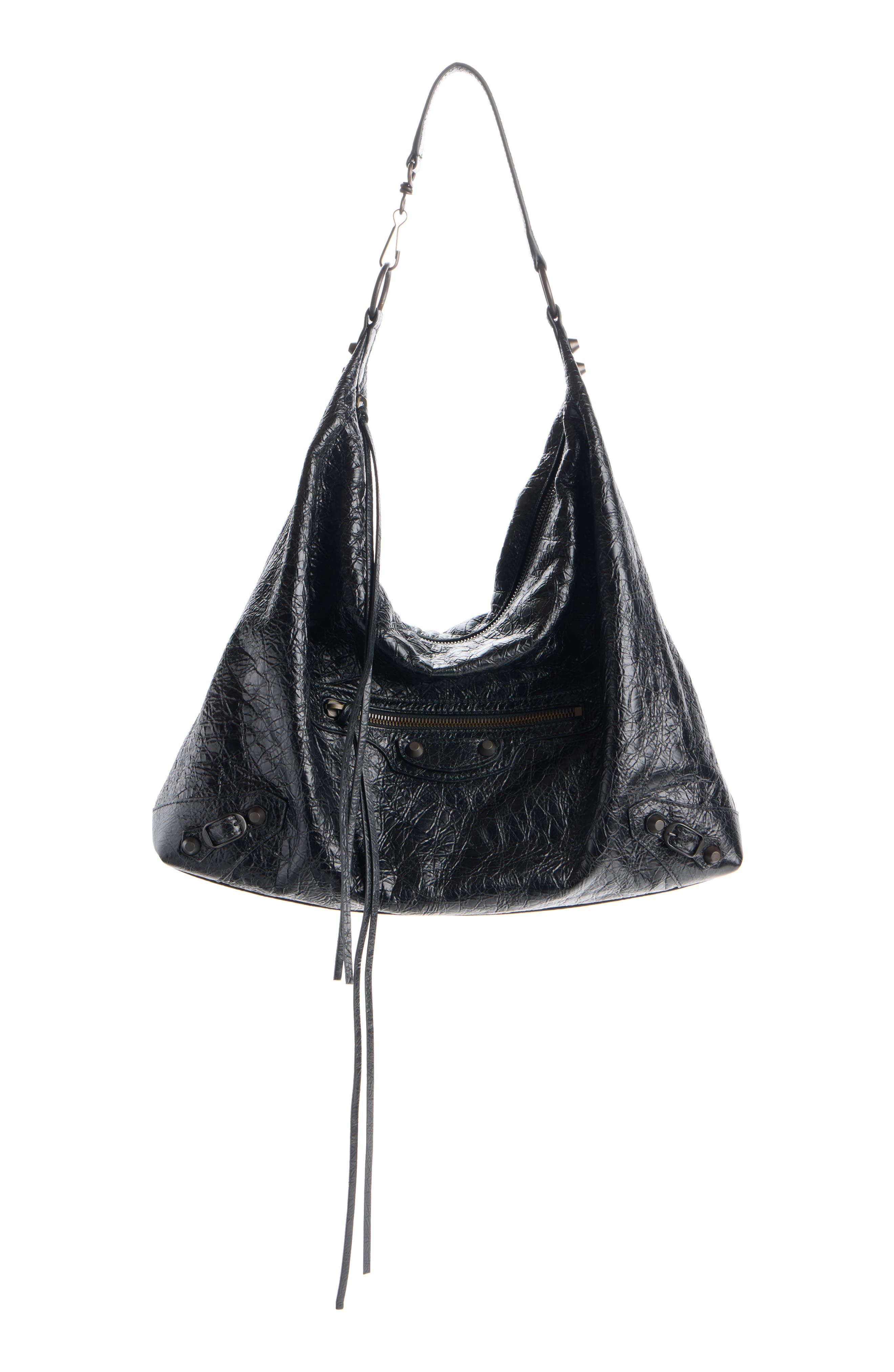 Balenciaga Le City Crinkled Leather Hobo Bag, Main, color, 1000 Black