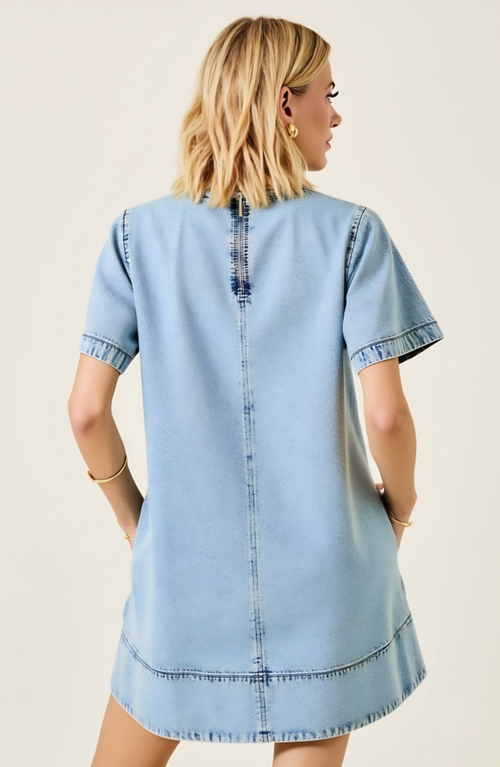 Modenaire Denim Mini Dress With Short Sleeves Pockets Back Zip Detail In Blue