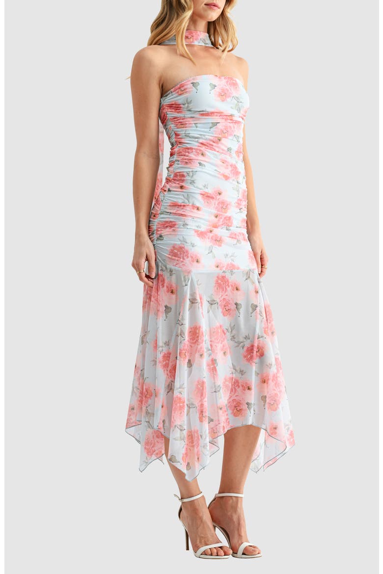 Floral Ruched Drop Waist Midi Dress with Removable Scarf, Alternate, color, BLUE MAUVE FLORAL