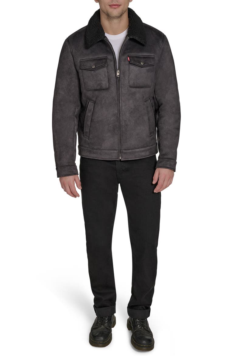 Faux Shearling Lined Trucker Jacket, Alternate, color, BLACK