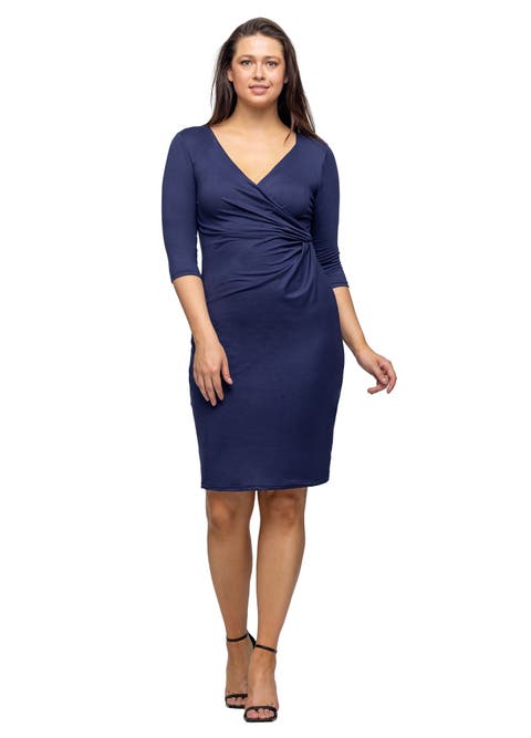 24seven Comfort Apparel Petite V Neck Faux Wrap Knee Length Dress