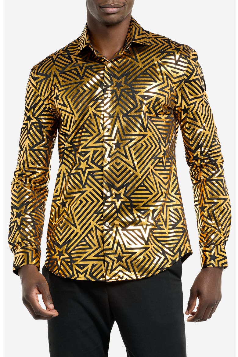 Golden Geo Star Modern Tailored Fit Button-Up Shirt, Main, color, BLACK