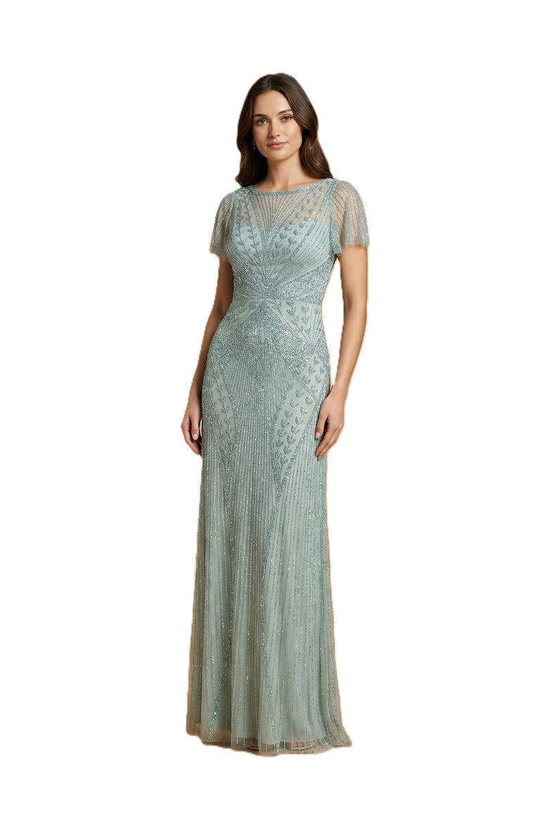 Beaded Flutter Sleeve Gown, Main, color, Dusty Green