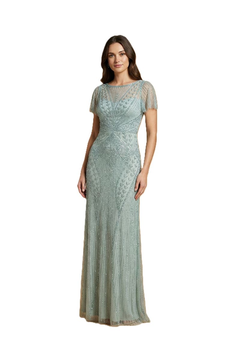 LARA New York Beaded Flutter Sleeve Gown, Main, color, Dusty Green