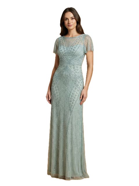 Beaded Flutter Sleeve Gown