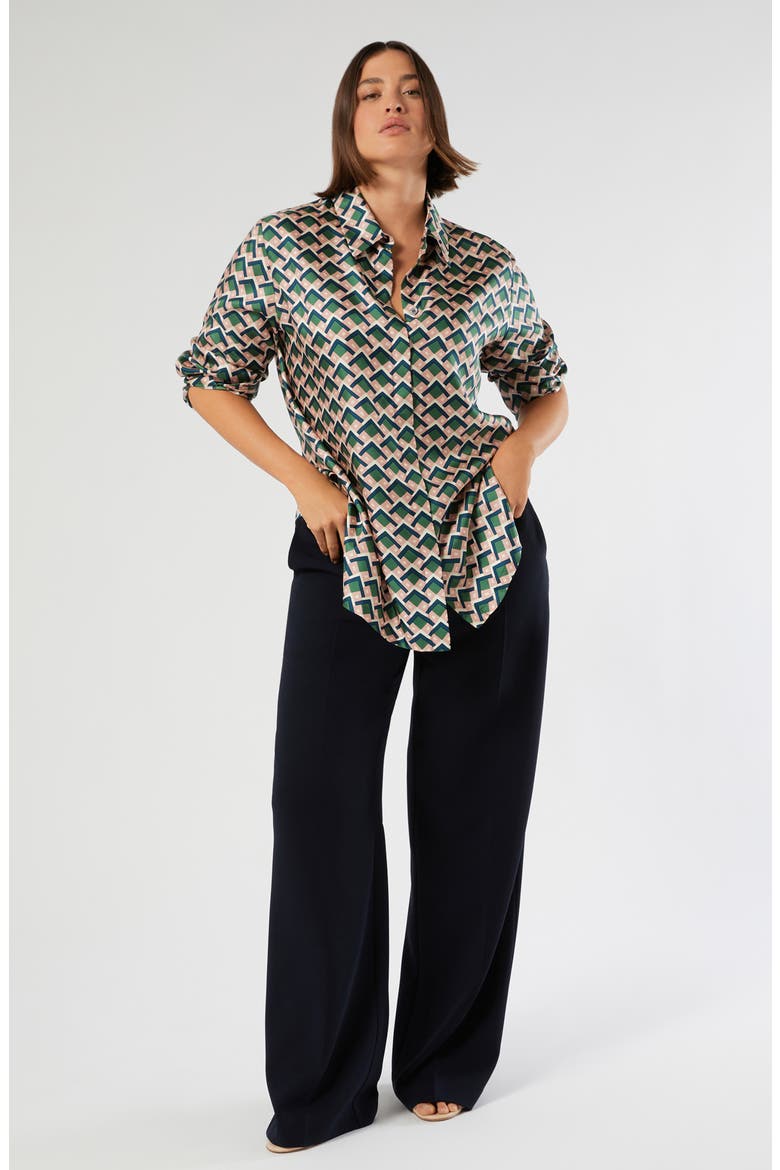 Yelina Geometric Print Silk Button-Up Shirt, Alternate, color, ULTRAMARINE