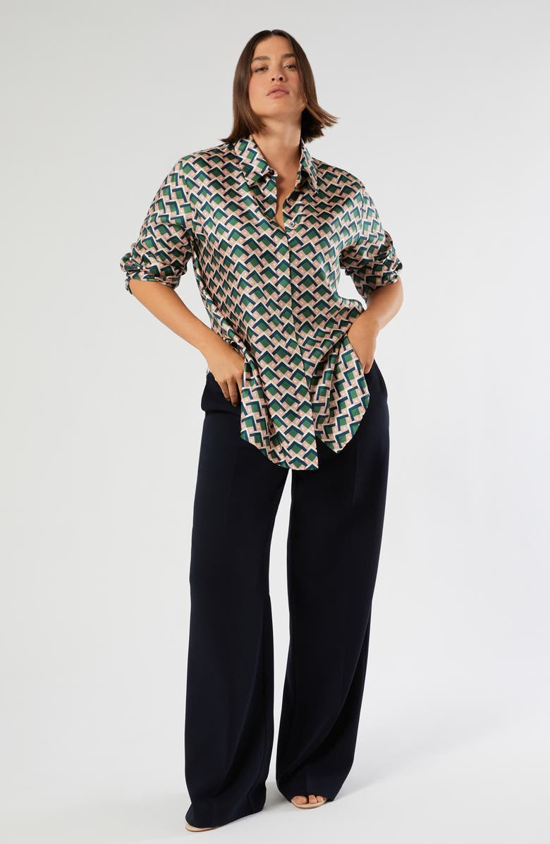 Marina Rinaldi Yelina Geometric Print Silk Button-Up Shirt, Alternate, color, Ultramarine