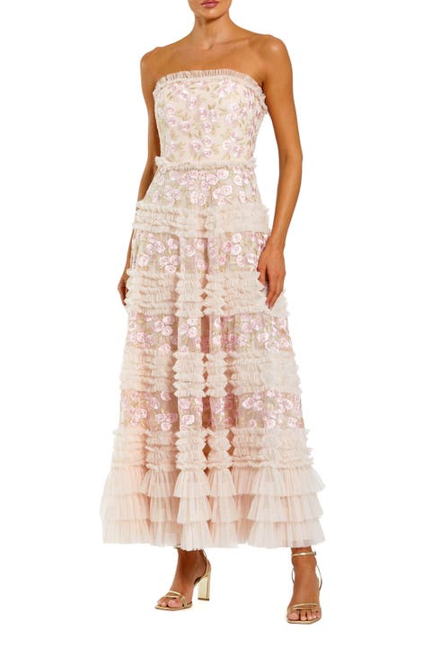 Floral Embroidered Strapless Ruffle Midi Dress