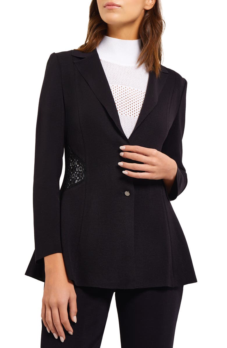 Misook Lace Accent Tailored Knit Blazer, Main, color, 