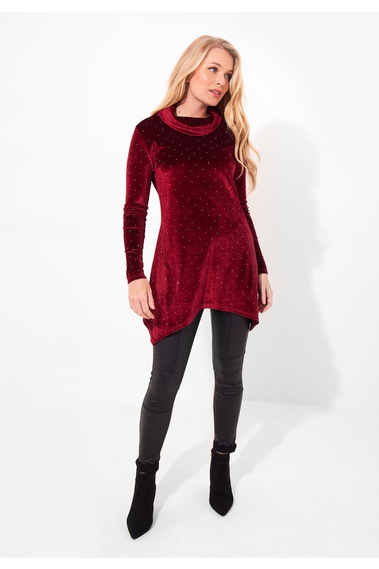 Rhinstone Velvet Cowl Neck Tunic, Alternate, color, RED WINE