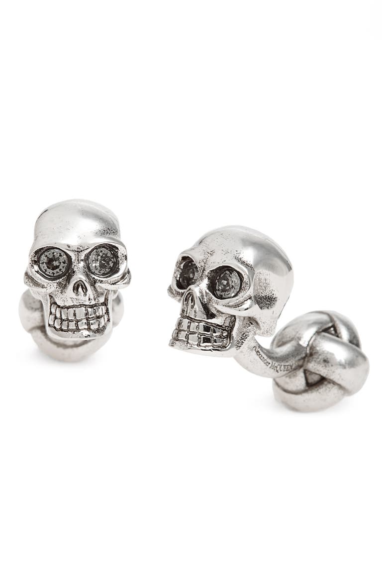 Alexander McQueen 3D Embellished Skull Cuff Links, Main, color, SILVER