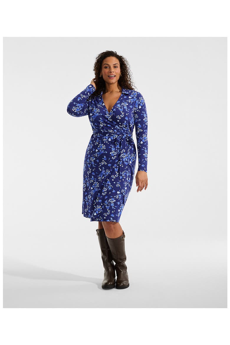 Plus Size Cotton Modal Collared Wrap Dress, Alternate, color, Deep Sea Navy Poetic Floral
