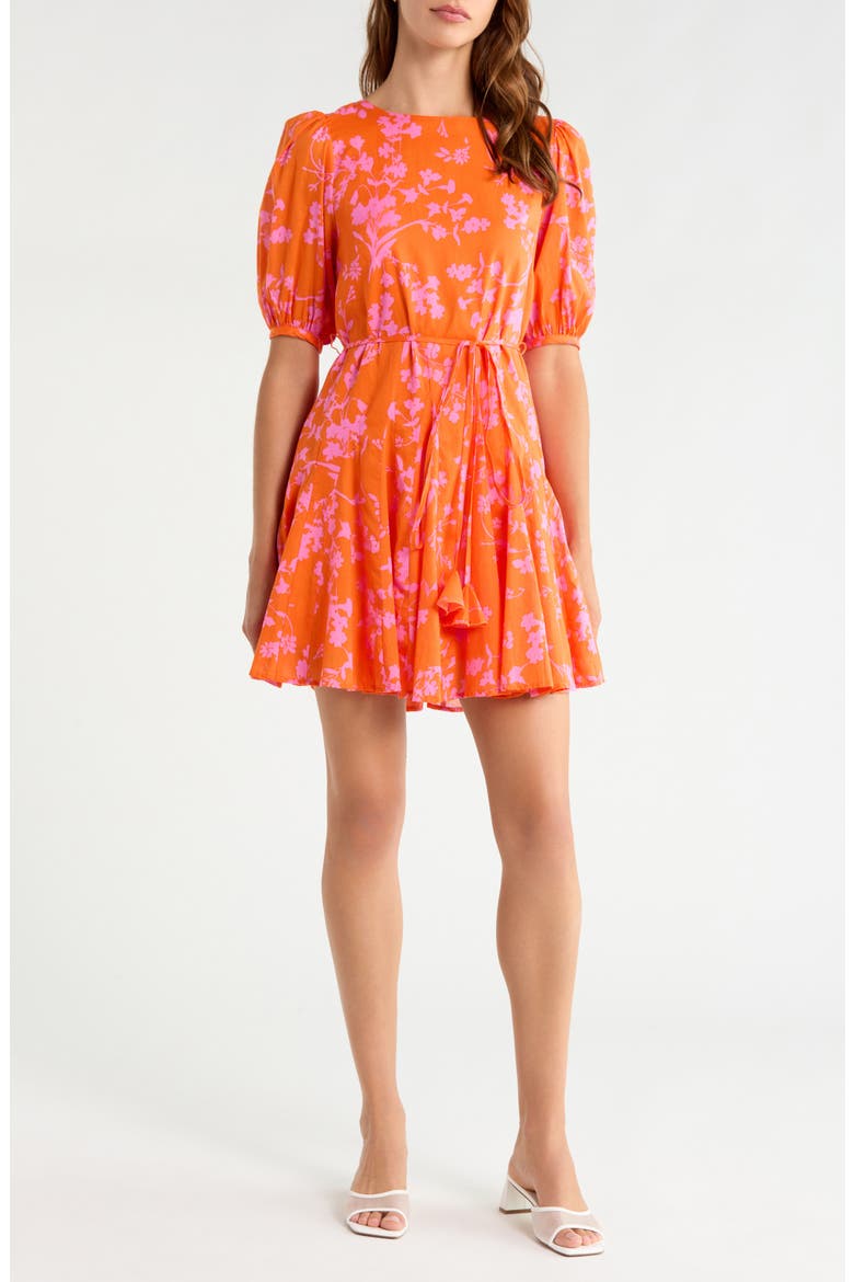 Delilah Floral Godet Pleat Cotton Minidress, Main, color, ORANGE-PINK