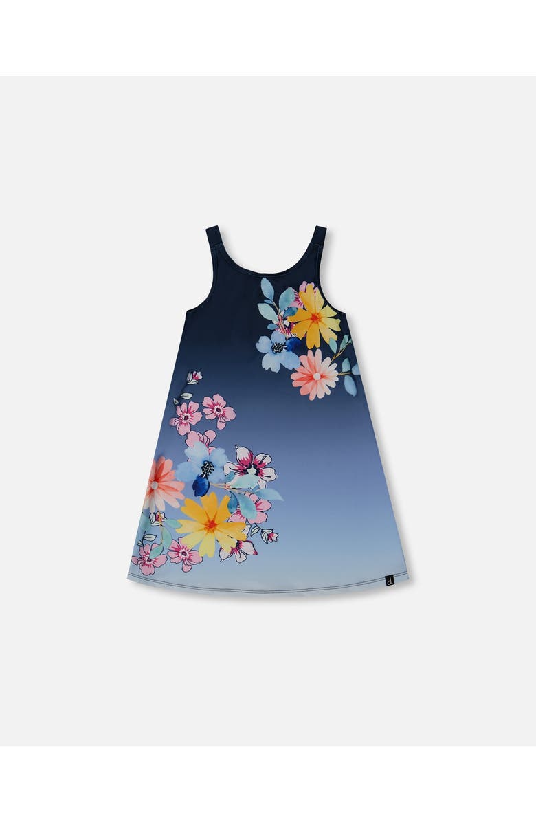 Deux par Deux Little Girl's Printed Beach Dress Yellow, Pink Flowers On Navy Blue Background, Main, color,