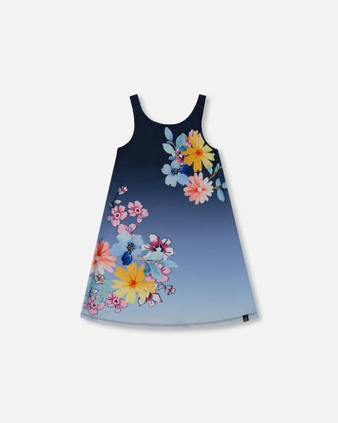 Girl's Printed Beach Dress Yellow, Pink Flowers On Navy Blue Background